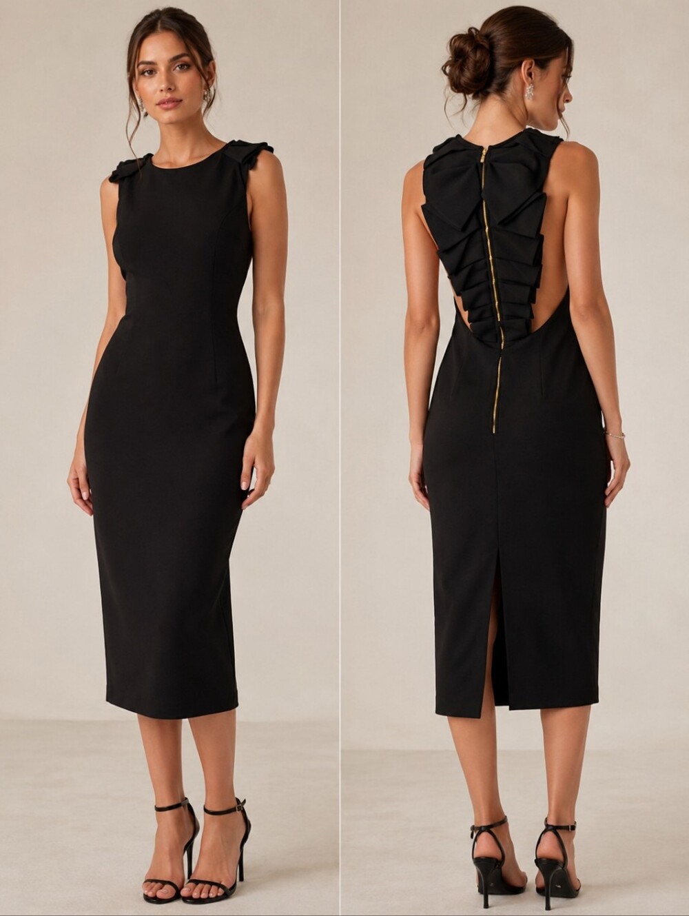 Badgley Mischka Black Open Back Cocktail Dress Size 8 Bow Detail Sleeveless Midi